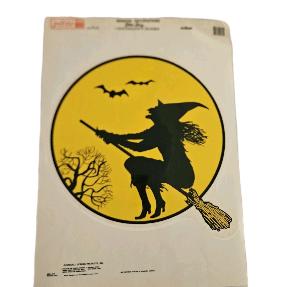 Vintage Presto Halloween Static Cling Witch Flying on Broom with Yellow Moon 22"